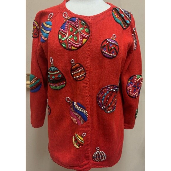 Vintage Michael Simon Ornament Beaded Christmas Sweater Cardigan Sz 2 Small XS - Picture 1 of 9